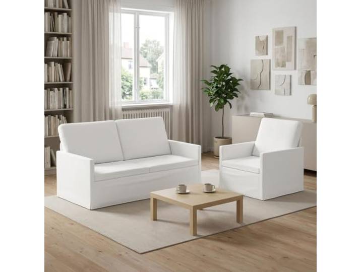 Sofa-Set 2 Stück Weiß Stoff Metallrahmen,100 % Polyesterstoff,Schaumstofffüllung,Kissen-Rücken-Design,leicht zu reinigen