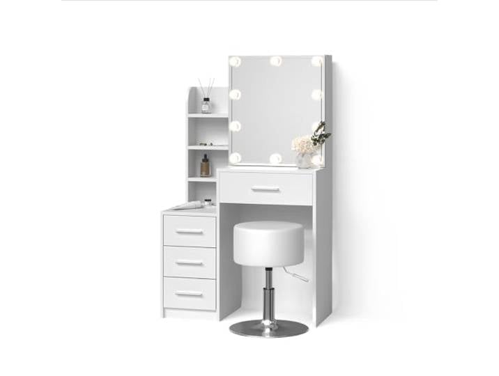 Livinity Schminktisch Loreta, Weiß Spiegel mit LED-Lichterkette · Hocker · 4 Schubladen · Freistehend · Offene Ablagefächer