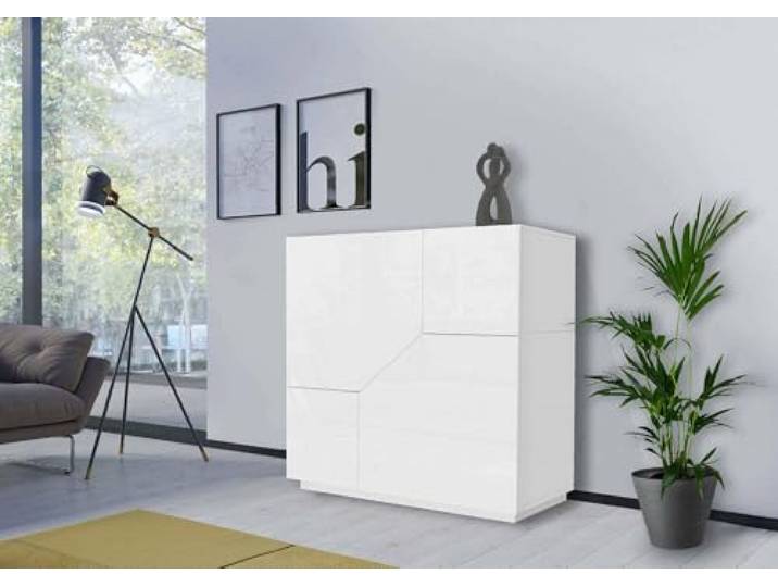 Dmora - Kommode Domenico, Küchen-Sideboard mit 2 geometrischen Türen, Wohnzimmer-Buffet, Küchen-Sideboard, 100 % Made in Italy, 79 x 43 x 86 cm, glänzendes Weiß