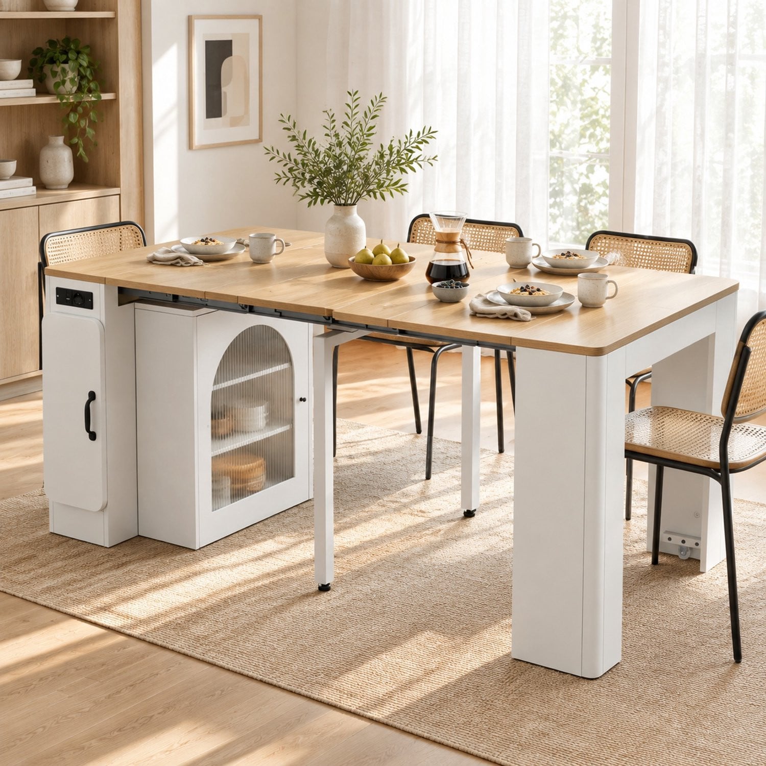 MIVRAY Keukeneiland met uitschuifbare eettafel, opbergruimte en verlichting, Wit Houtkleur