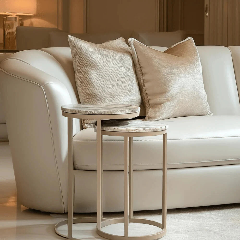 In Stock - Sylvaine Taupe & Marble Topped Stackable Side Tables- Set of 2