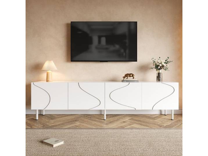 Meuble TV 4 portes design ondulé 3D avec ouverture push et pieds métal