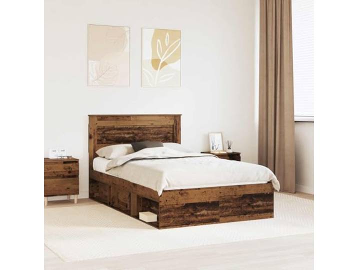 RJPLMFV Bettgestell mit Schublade, Antikholz, 135 x 190 cm, massives Kiefernholz