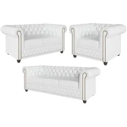 SITZGARNITUR 3+2+1 mit Schlaffunktion Chesterfield Morin Weiß Vegan Leder