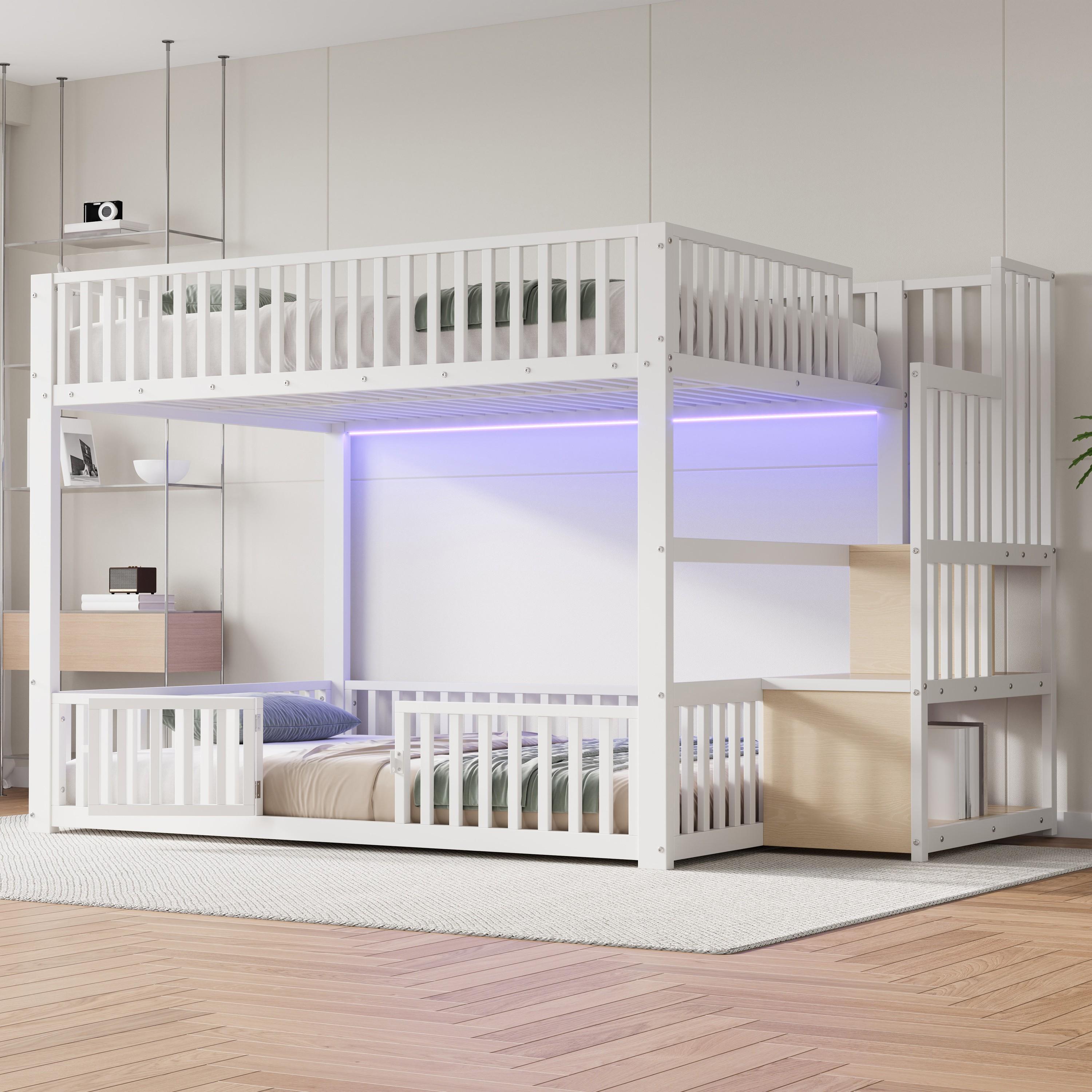 okwish 140×200 Etagenbett mit LED und Stauraumleiter, Jugendbett mit Sicherheitsgeländer, Doppelbett in Weiß, ohne Matratze