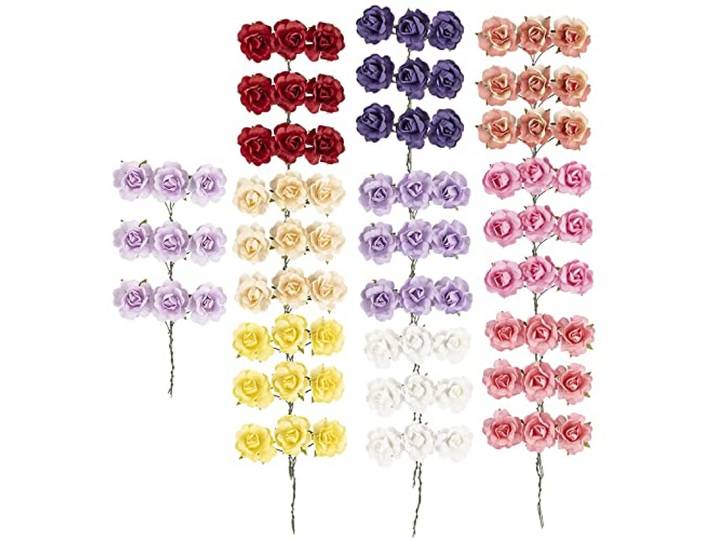 Kleine kunstpapieren rozen, decoratieve bloemen met draadsteel om te bevestigen, rozenkoppen ca. diameter 2,5 cm, kunstrozen, decoratieve rozen, kunstbloemen, 10 kleuren van 9 rozen, 90 stuks