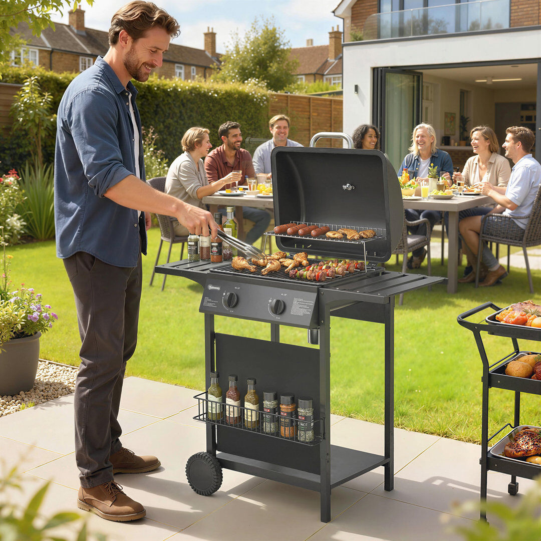 Outsunny 2 Burner Gas Barbecue Grill BBQ w/ Side Tables Warming Rack Black Black 2