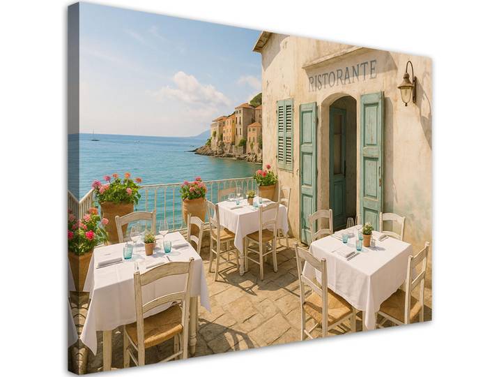 Feeby Leinwandbild Italienisches Restaurant Blick 120x80cm, Beige, Landschaft/Berg, Rechteckig, 120x80 cm, Bilder & Rahmen, Bilder, Leinwandbilder