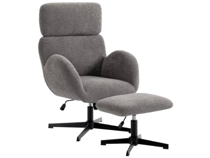 HOMCOM Relaxsessel mit Hocker Drehbarer Loungesessel mit Samtstruktur Grau Verstellbare Kopfstütze, Höhenverstellbar, Wippfunktion, Wohnzimmer