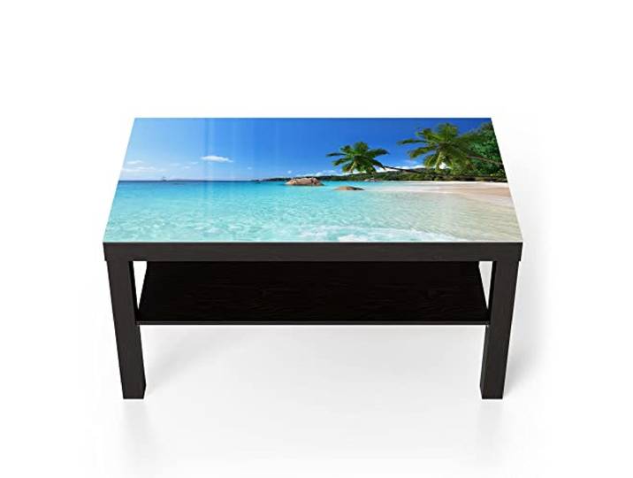 DEQORI Glastisch schwarz groß 90x50 cm Motiv Bilderbuchstrand ausgefallener Beistelltisch aus Glas Hochglanz Couchtisch fürs Wohnzimmer moderner Couch Tisch mit Design