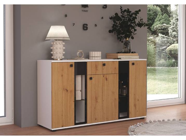 Küchen-Preisbombe Kommode Salsa 2 Lamellenoptik Anbauwand Wohnwand Sideboard MDF Artisan + Weiss