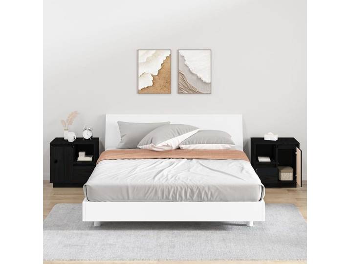 furnicato Nachttisch Nachttisch-Set Massivholz 50 x 34 x 50 cm Schwarz (2-St), Stabile Beistelltische mit Stauraum und Wandhalterung für das Zimmer