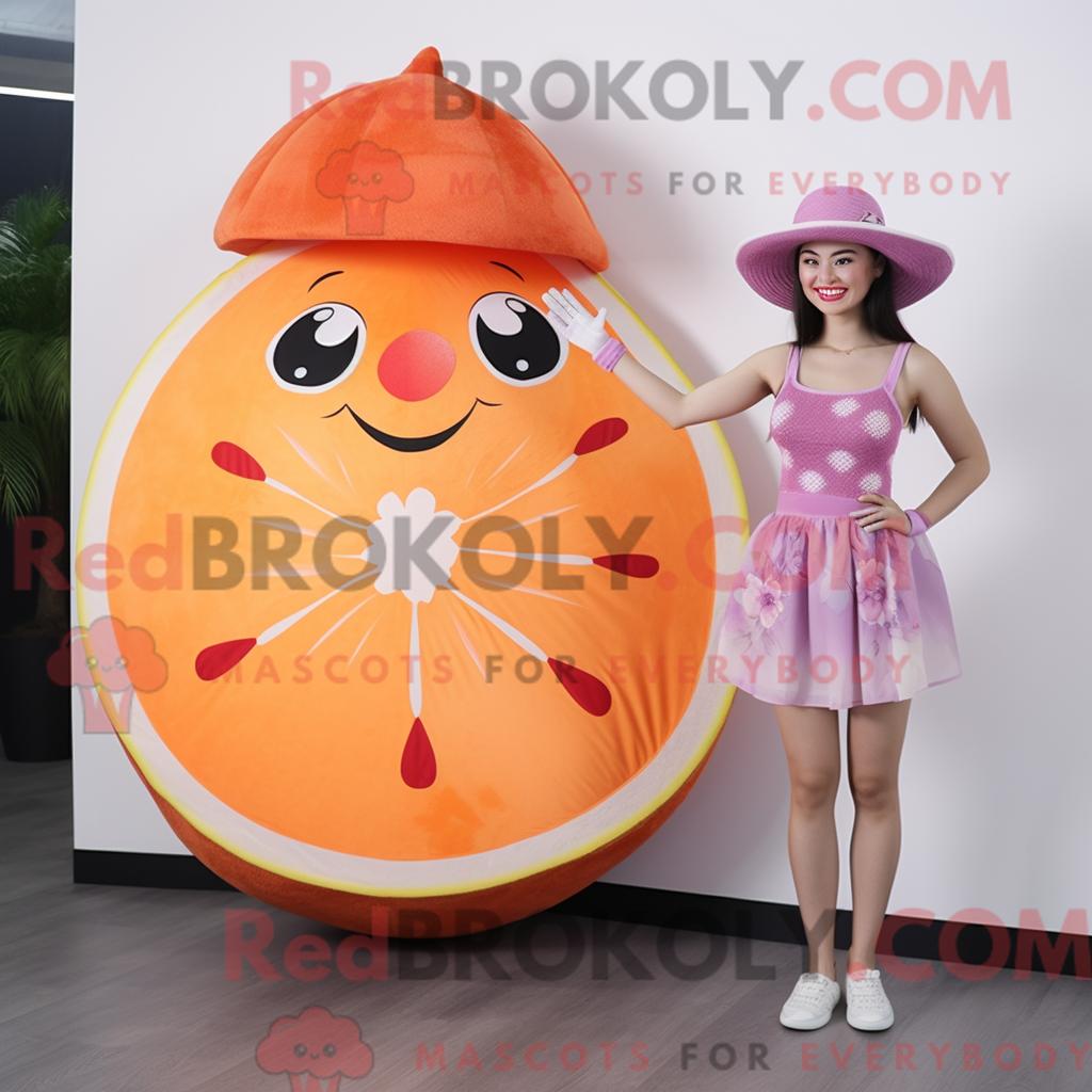 Maskottchenfigur REDBROKOLY einer Lavendel-Grapefruit mit Bikini und Clutch