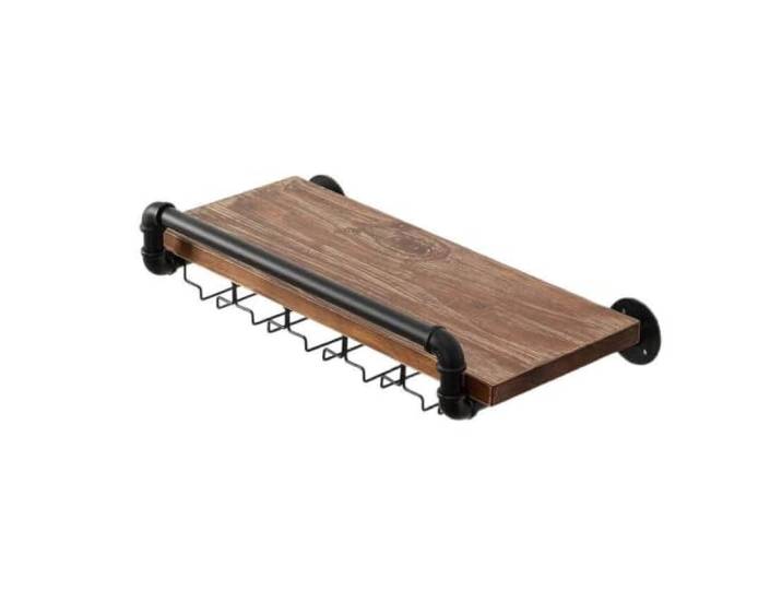 Failjierue Vintage Pfeifen-Weinregal, wandmontiertes Weinregal aus Eisen und Holz für Flaschen und Kelche, 60x24x11cm