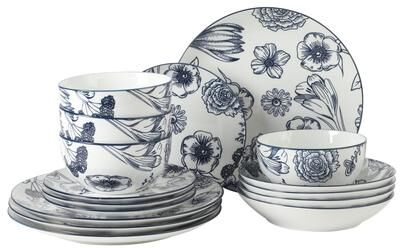 Gibson Home Westerly Court 16-Piece Dinnerware Set, Blue Floral Stoneware Plates & Bowls, Service for 4
