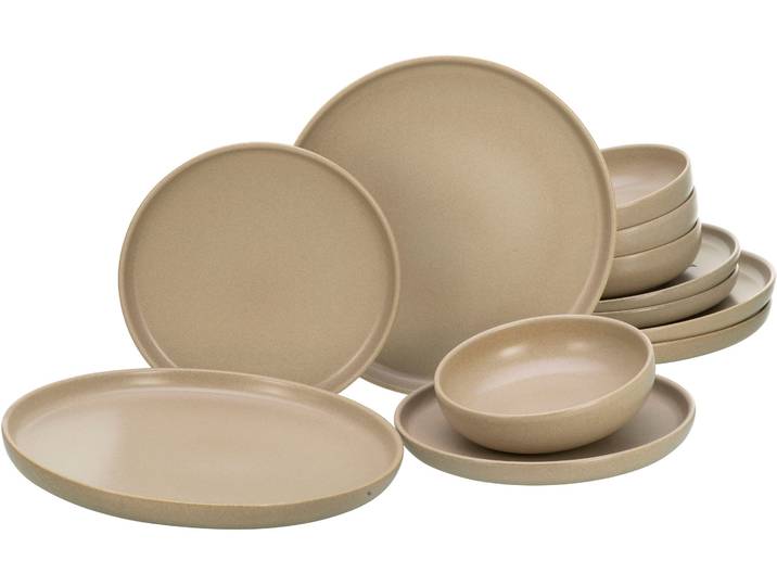Tafelservice CREATABLE Uno , beige (sand), 12 Stk., Steinzeug, Geschirr-Sets, Tafelservice, Teller Set, weiche, harmonisch ausbalancierte Form
