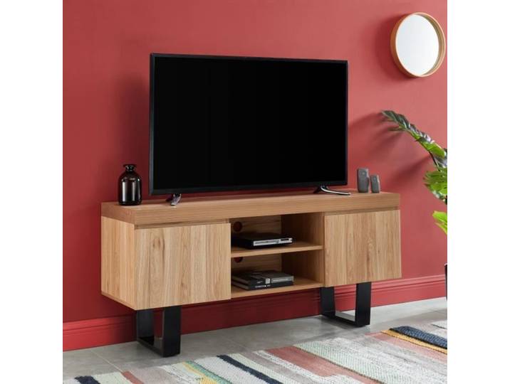 Meuble TV - BAÏTA - Gamme FELIX - Effet chêne et métal noir - L 140 x P 40 x H 63 cm