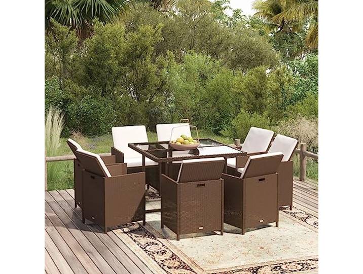 Résine tressée imperméable Ensemble repas de jardin 109 cm Brun Ensemble à manger de jardin 9 pcs avec coussins Poly rotin marron, Salon exterieur lounge confortable avec canapé et table,
