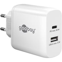 USB-C Dual-Schnellladegerät, PD, GaN, 65 Watt weiß, 1x USB-C, 1x USB-A, Power Delivery