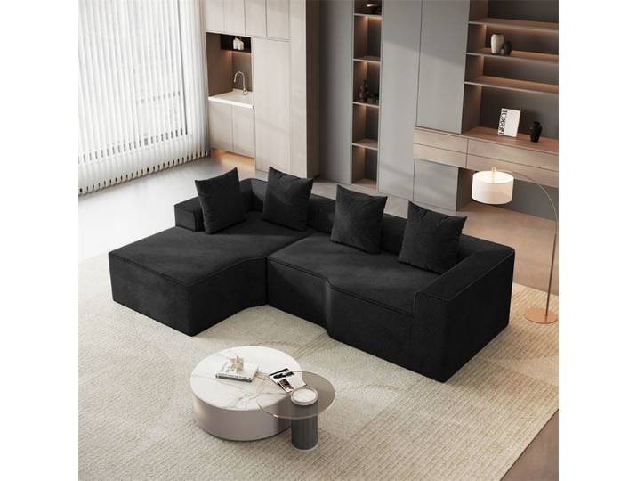 DRIPEX Canapé d'angle gauche 4/5 places en Velours Côtelé Noir Canapé compressé avec 4 coussins méridienne gauche 270x152x59cm