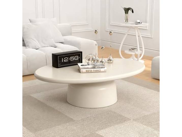 SOUWOFS 116CM Ovaler Couchtisch, Off-White Mid-Century-Modern-Stil, Stabiles Untergestell, Cocktailtisch, Kleiner Beistelltisch, Für Wohnzimmer & Wohnung