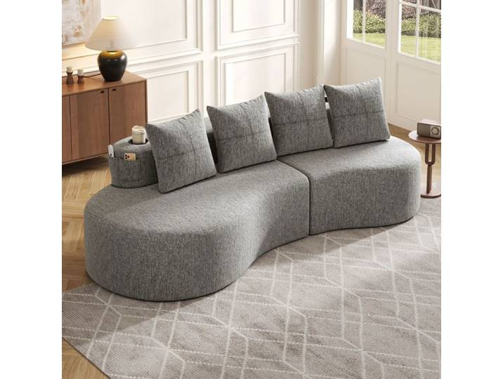 Canapé - SOGEU - 240x110x60 - Lin gris - 4 coussins - Mousse haute densité & ressorts