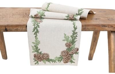 Manor Luxe "Winter Pine Cones & Branches Crewel Embroidered Table Runner 16""x36"""