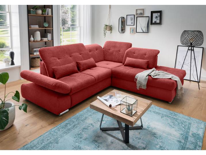 Ecksofa mit Ottomane & Funktion Rot Webstoff Jimin 280 x 86 x 254cm Ottomane davorstehend rechts mit Schlaffunktion Modern