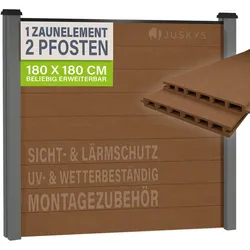 JUSKYS® WPC Sichtschutzzaun 1er Set - 1x Element + 2x Pfosten & Zubehör, Gartenset WPC- & Stahlkonstruktion, Teak / Grau