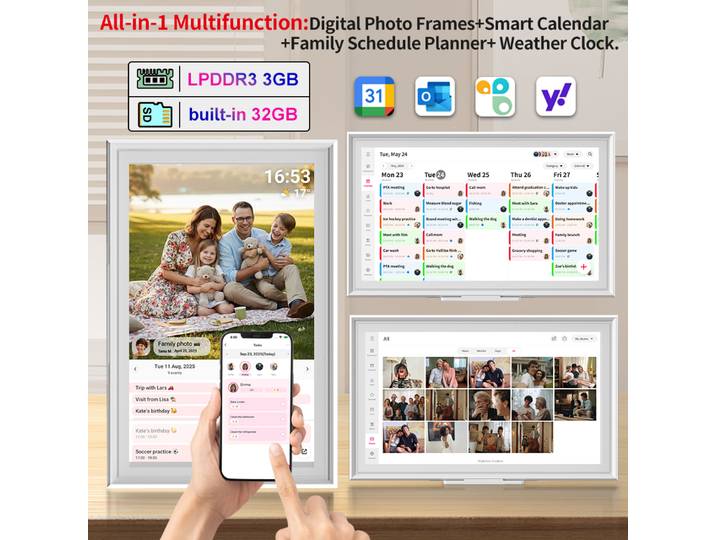 HGFRTEE Calendrier numérique intelligent 15,6 pouces, écran tactile FHD, planificateur familial et cadre photo numérique, fixation murale/de bureau avec application