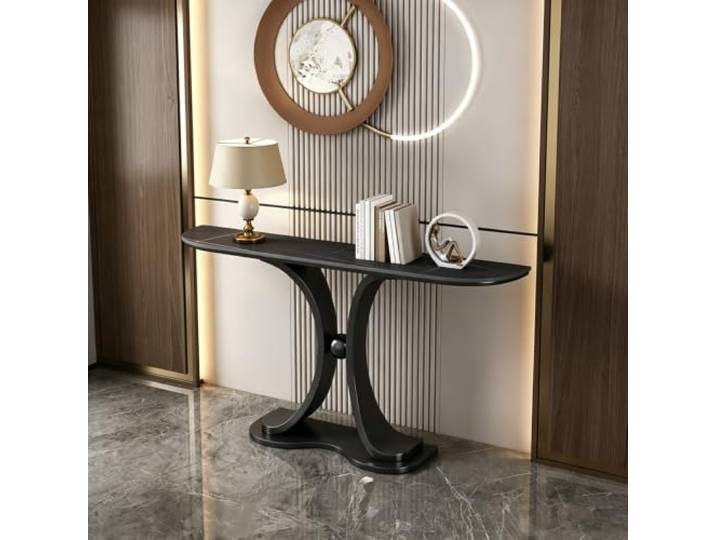 Moderner Konsolentisch, Schmaler Beistelltisch Mit Marmoroptik Für Flur Stabile Metallstruktur, platzsparendes Design, vielseitiger Sofatisch, pflegeleichte Oberfläche(Black,47.2 (120cm))