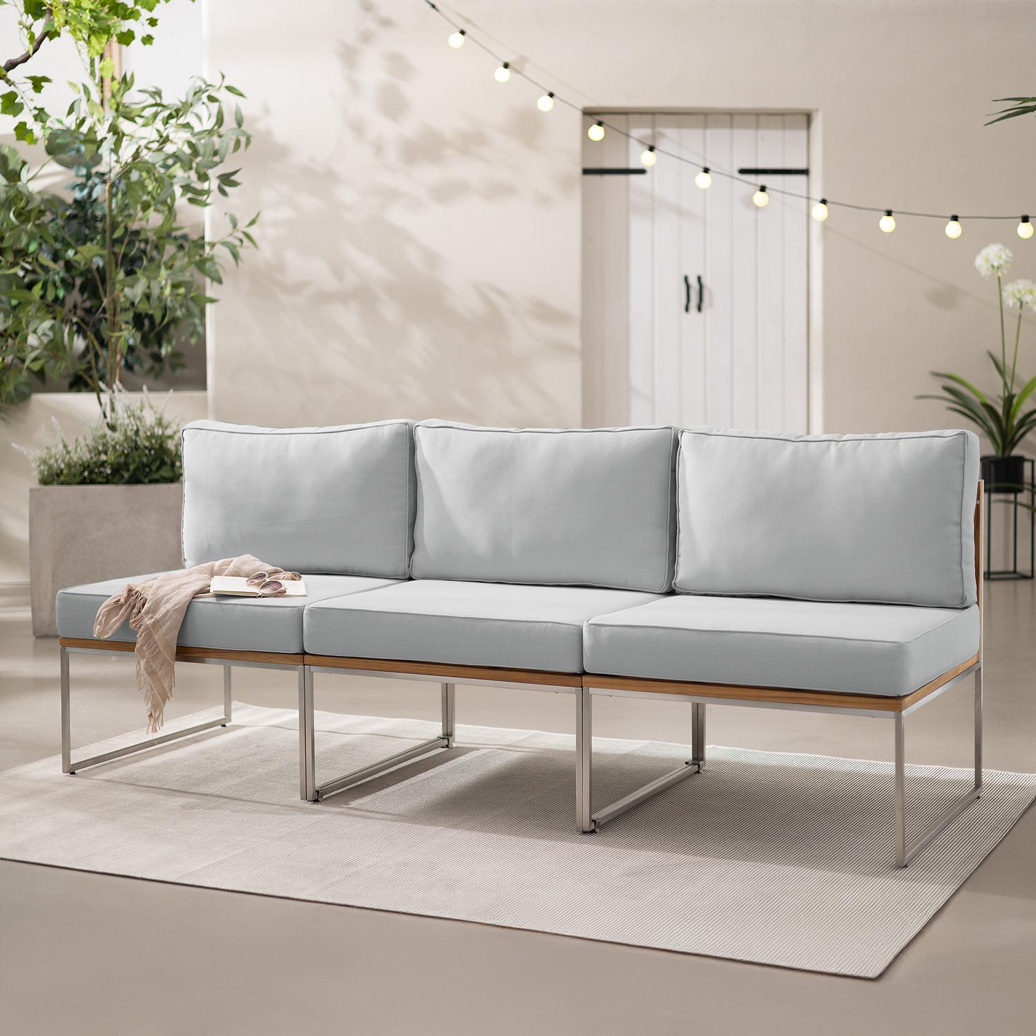 home24 Loungesofa - 3-teilig - Webstoff / Teak Massiv