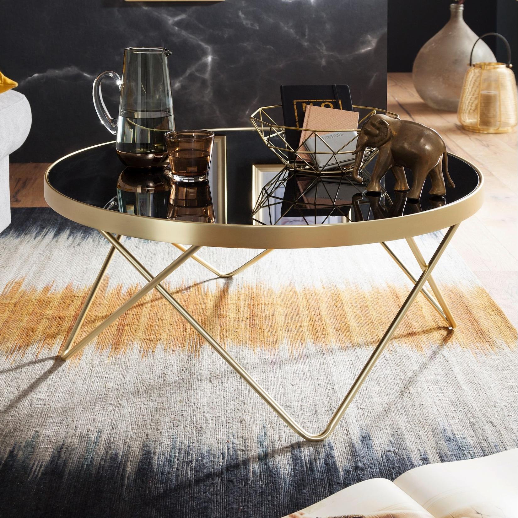 FineBuy Couchtisch Schwarz Gold Glasplatte Wohnzimmertisch Ø 82 cm