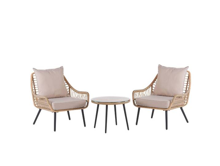 BALKONSET 2-Sitzer Rattan natürlich Auflagen beige Laureto