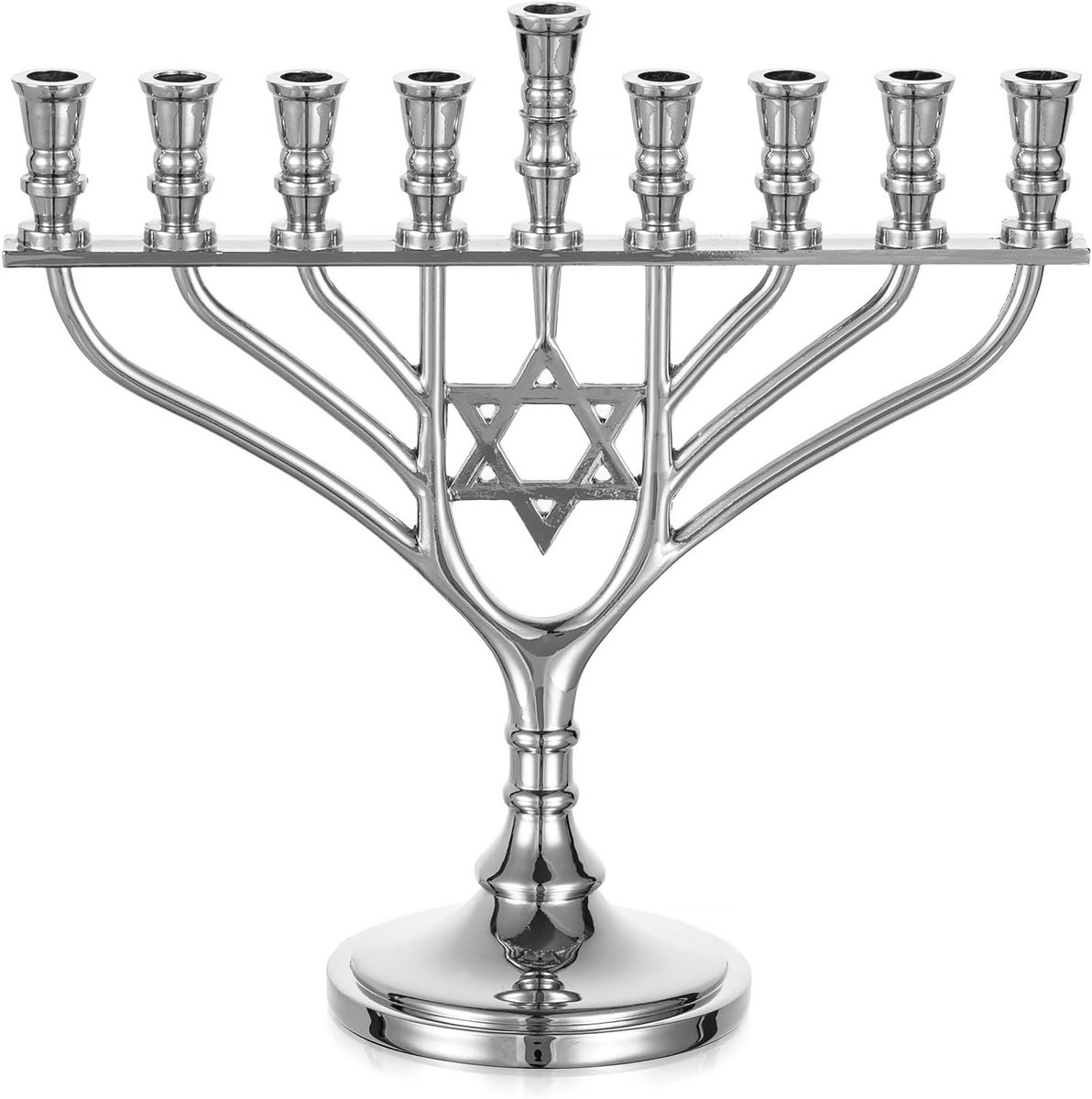 Zilveren 9-armige Menorah voor Chanoeka met Davidster, kleine kaarsenstandaard van 19 cm