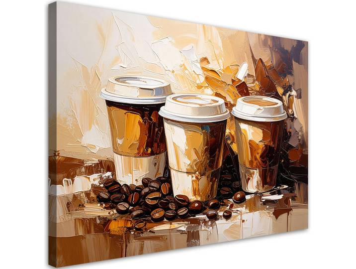 Feeby Leinwandbild Kaffeetassen in Ölfarbe imitiert in Beige 90x60cm, Braun, Essen/Getränk, Rechteckig, 90x60 cm, Bilder & Rahmen, Bilder, Leinwandbilder