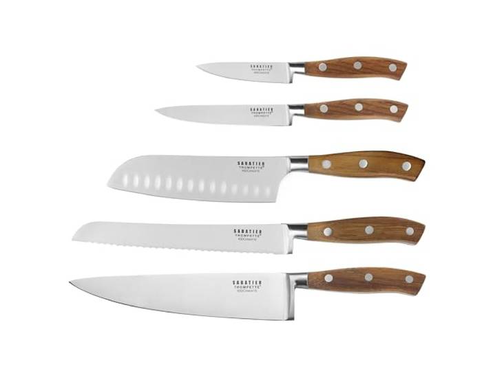 SABATIER TROMPETTE Ryokan - Set de 5 couteaux de cuisine Office 9\, utile 13\, santoku 18\, chef et pain 20 cm\, acier 5Cr15MoV\, manche en bois de frêne
