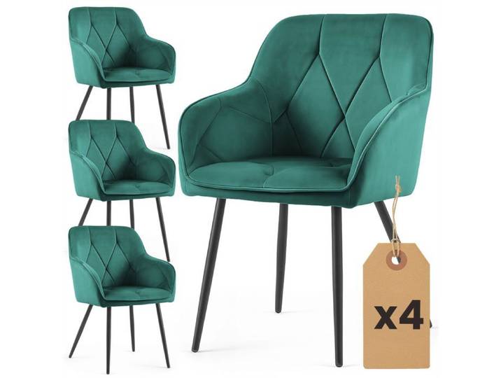 Lot de 4 Chaises en velours matelassées DIAMANTE Vert Bouteille pieds noirs