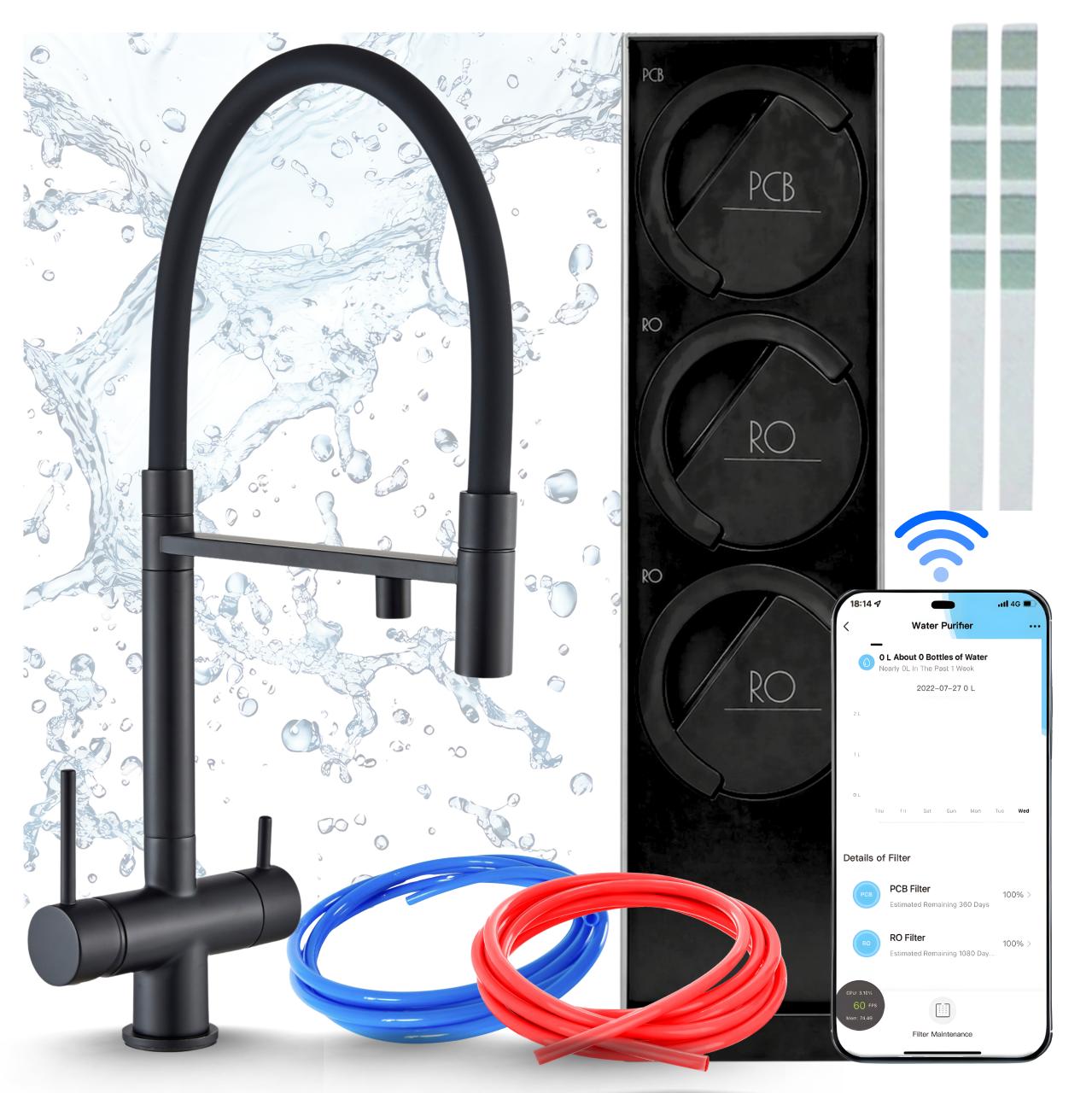Wasserfiltersystem Mit Küchenarmatur Ari Highflex, Umkehrosmoseanlage 800Gpd Wifi, Zweigriffarmatur, Keramikkartusche, Perlator, Schwarz Matt, Messing