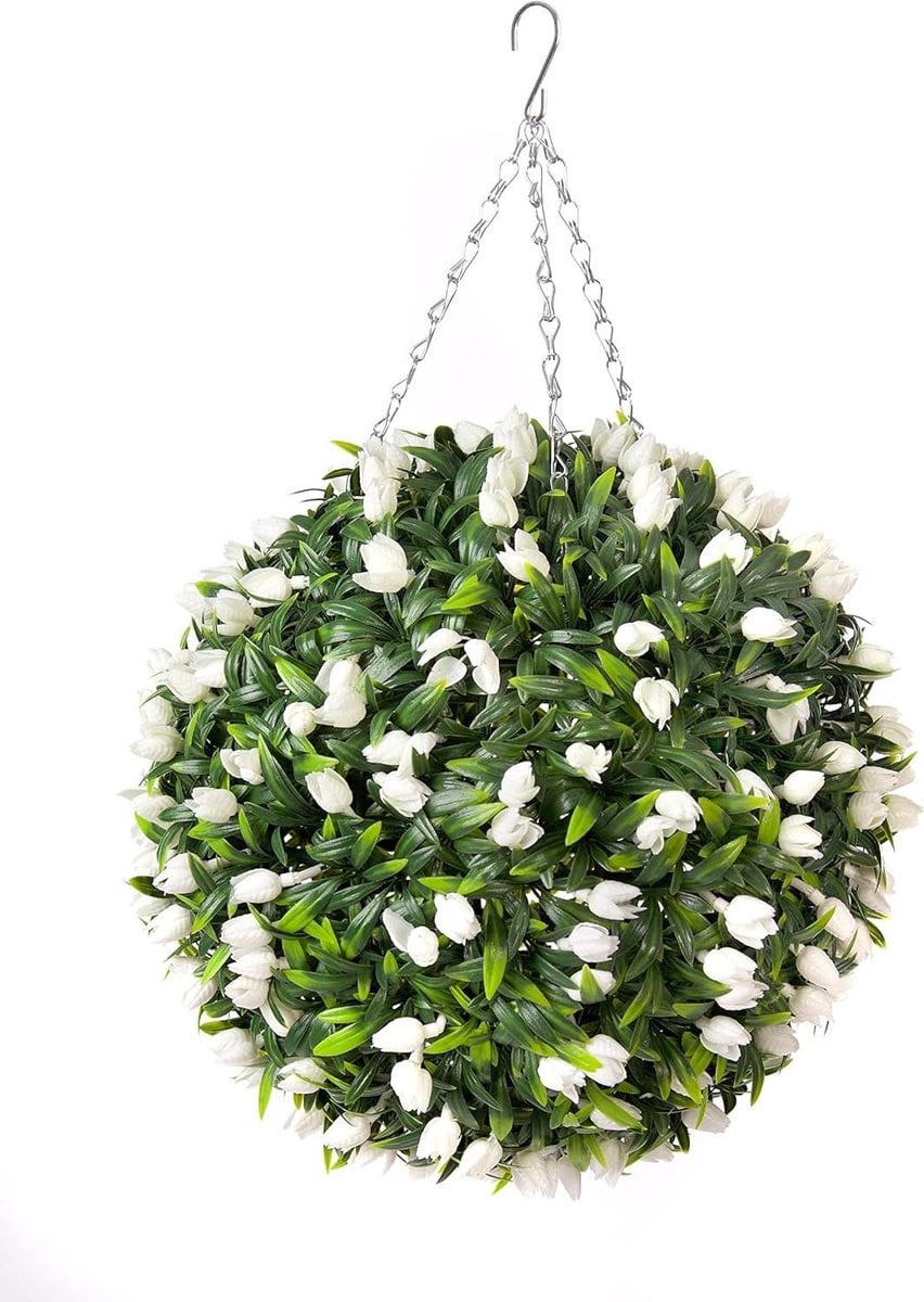 Kunstmatige Tulip Bloem Topiary Gras - Wit - 38 cm