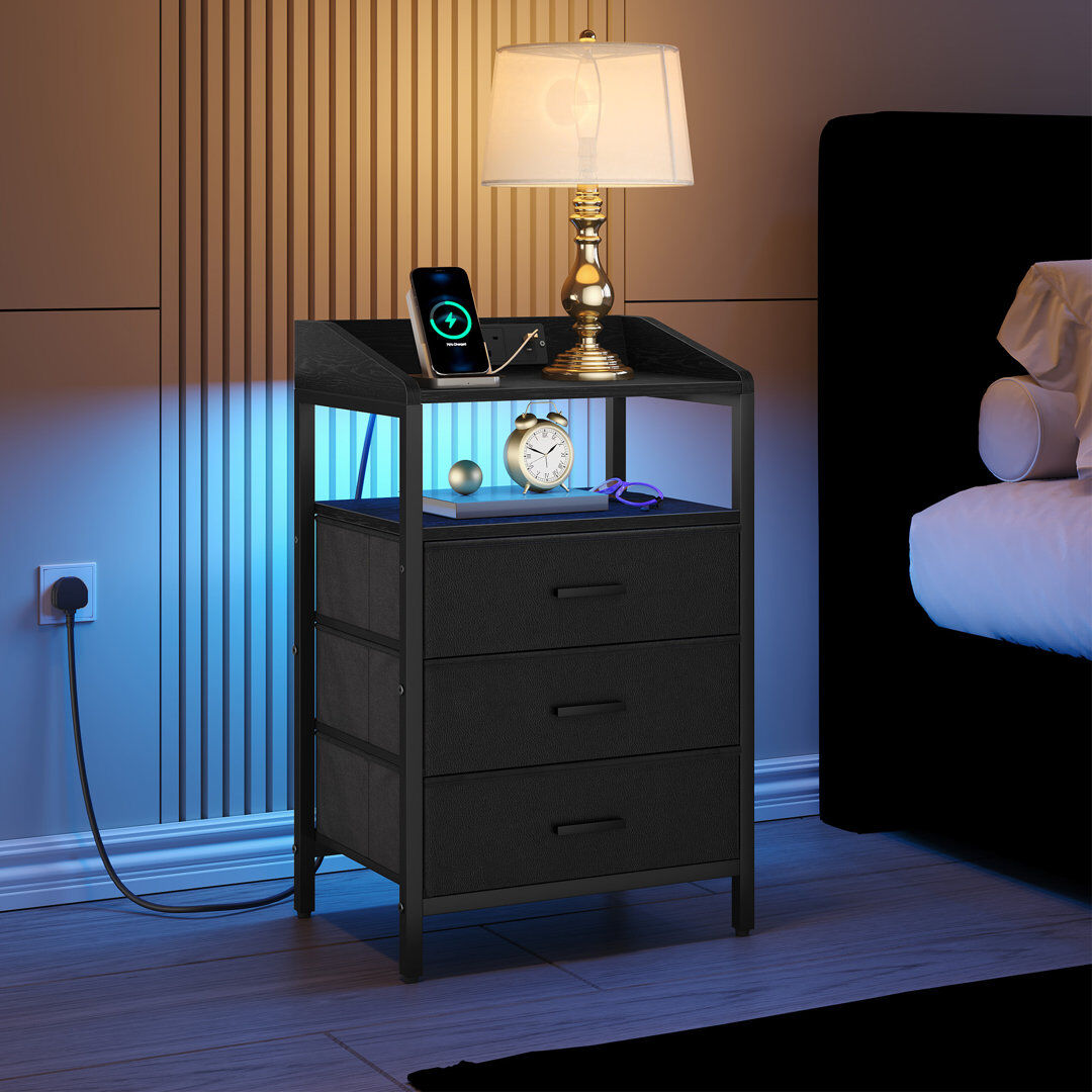Metro Bedside Table with LED Lights and Charging Station, Bedside Cabinet with 3 Fabric Storage Drawers and Shelves, Nightstand with USB Ports & TypeC for B Black 66cm H X 40cm W X 30cm D