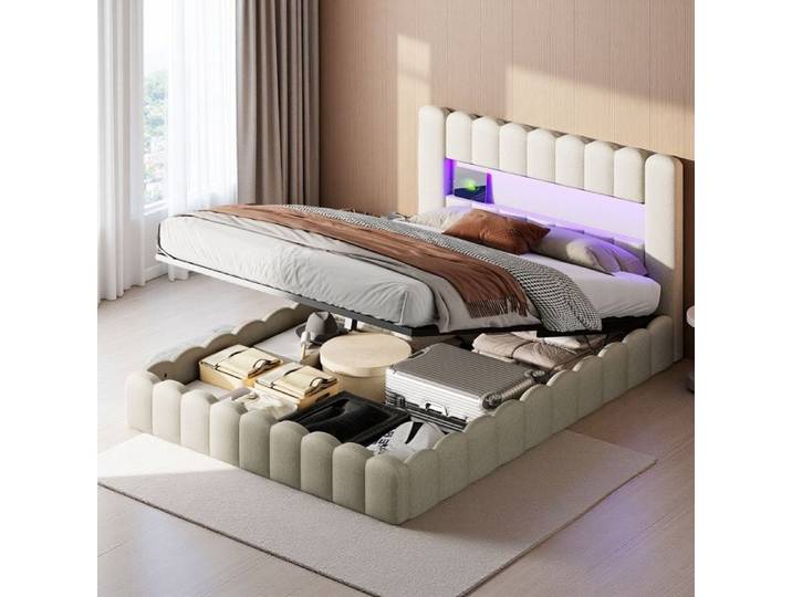 Lit Double 180x200 - Lit Coffre Adulte - Système Hydraulique Silencieux - RGB - Design Moderne Beige