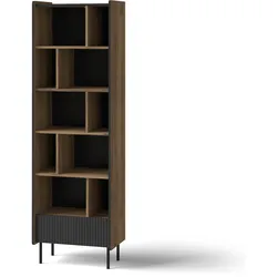 BÜCHERREGAL Piano mit 10 Einlegeboden und 1 Schublade, Mattschwarz + Warmia-Nussbaum