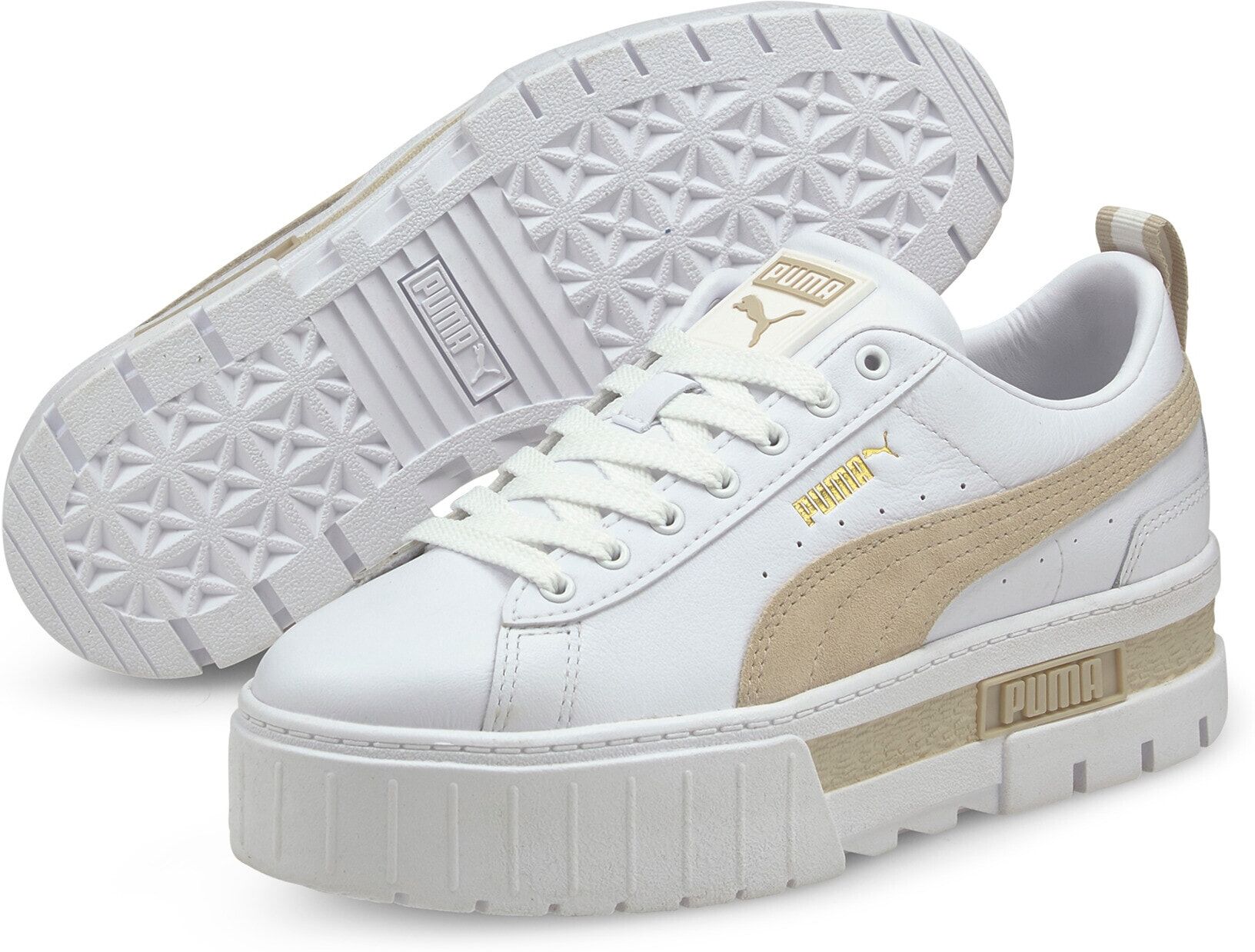 Sneaker PUMA "MAYZE LTH WN'S" Gr. 39, weiss (puma weiß, peyote), Schuhe, Damen, 39, Textil, Leder, unifarben, Sneaker, mit Plateau-Sohle, herausnehmbare Innensohle puma weiß, peyote 39, Textil