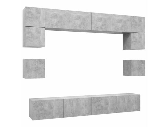 hliofuir 8-tlg. TV-Schrank-Set Hängend Betongrau Holzwerkstoff Wandmontiertes Lowboard-System für Wohnzimmer und Schlafzimmer mit variabler Modul-Anordnung und vielseitiger Ablage.