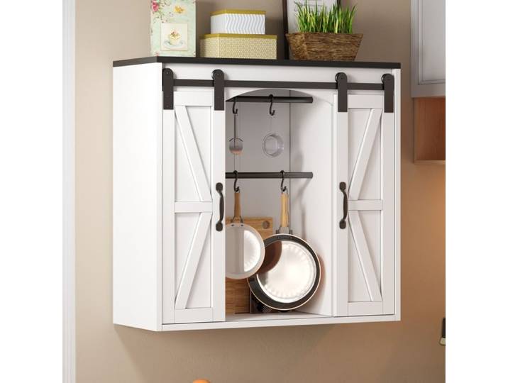 Buffet de Cuisine - 80x31x76cm - Meuble Haut Armoire Murale 2 Portes Coulissantes de Grange Étagères & Crochets - Blanc