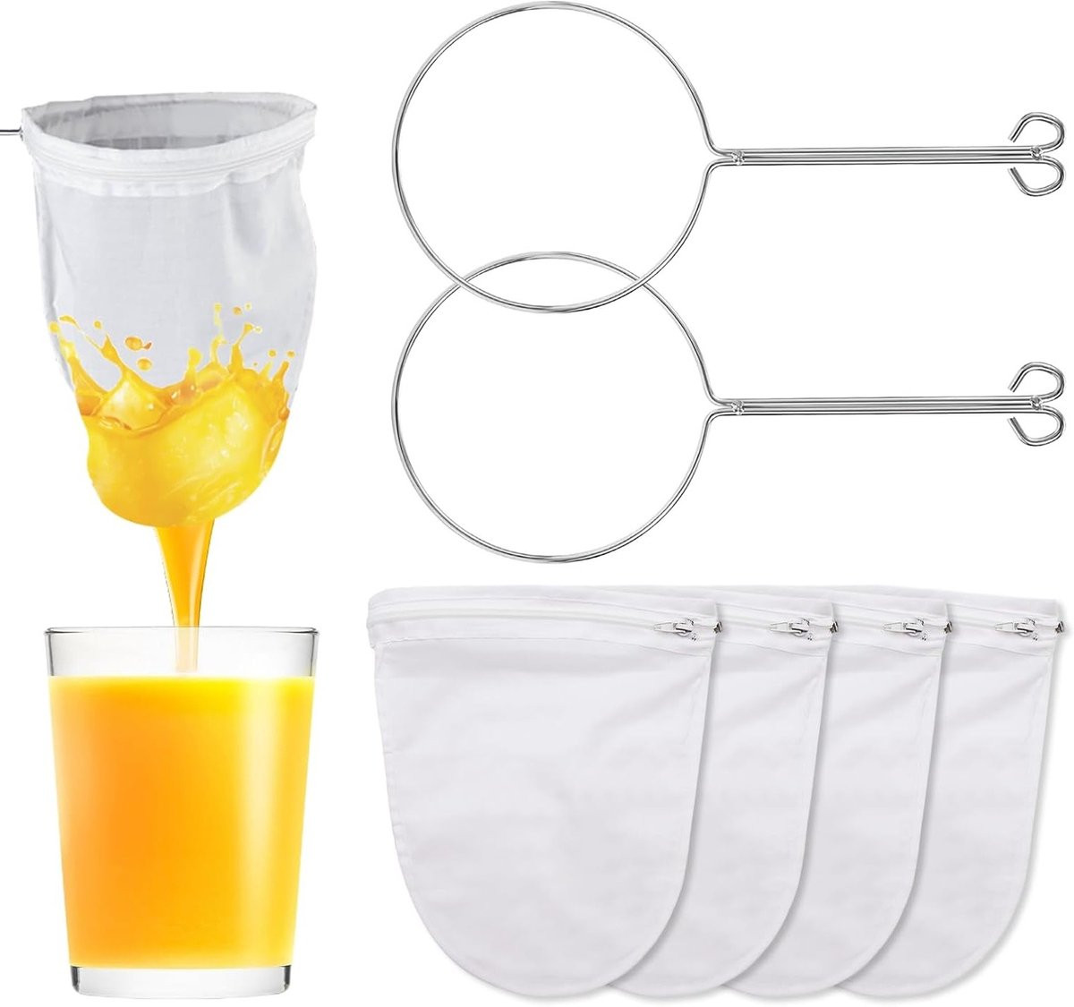 Set van 4 herbruikbare nylon filterzakken met standaard voor notenmelk, sap en groentesap