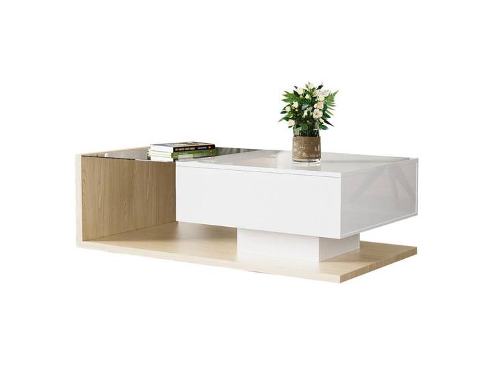 Flieks Couchtisch Hochglanzweiß & Holzfarbe mit Glas & LED-Effekt, Braun, 64x18x118 cm, Wohnzimmer, Wohnzimmertische, Couchtische