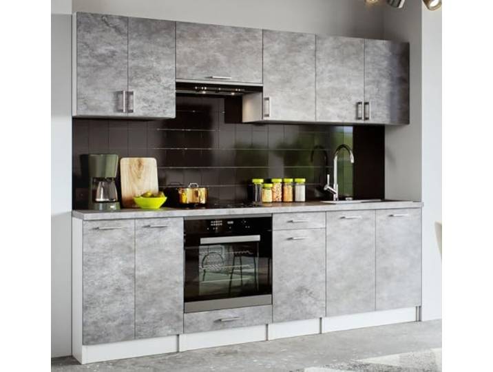 roe furniture Moderne Küchenzeile ohne Elektrogeräte in Beton - Einbauküche mit viel Stauraum - Erweiterbares 2,4-m-Set inkl. Arbeitsplatten in Beton - 240 x 82 x 46 cm (B/H/T)