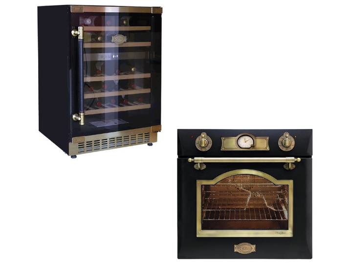 Kaiser Küchengeräte Backofen-Set Retro Elektro Einbau Backofen Autark 60cm 67L 8 Funktionen in Schwarz+Weinkühlschrank 145l 46 Weinflachen 2 Klimazonen Freistehend EH 6355 Em+K 64750 AD, mit 1-fach-Teleskopauszug